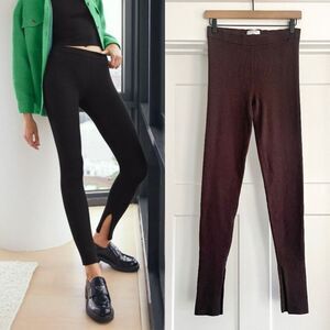 Aritzia Babaton Distill Leggings Side Slit Brown Coffee Bean Ribbed Knit Pant